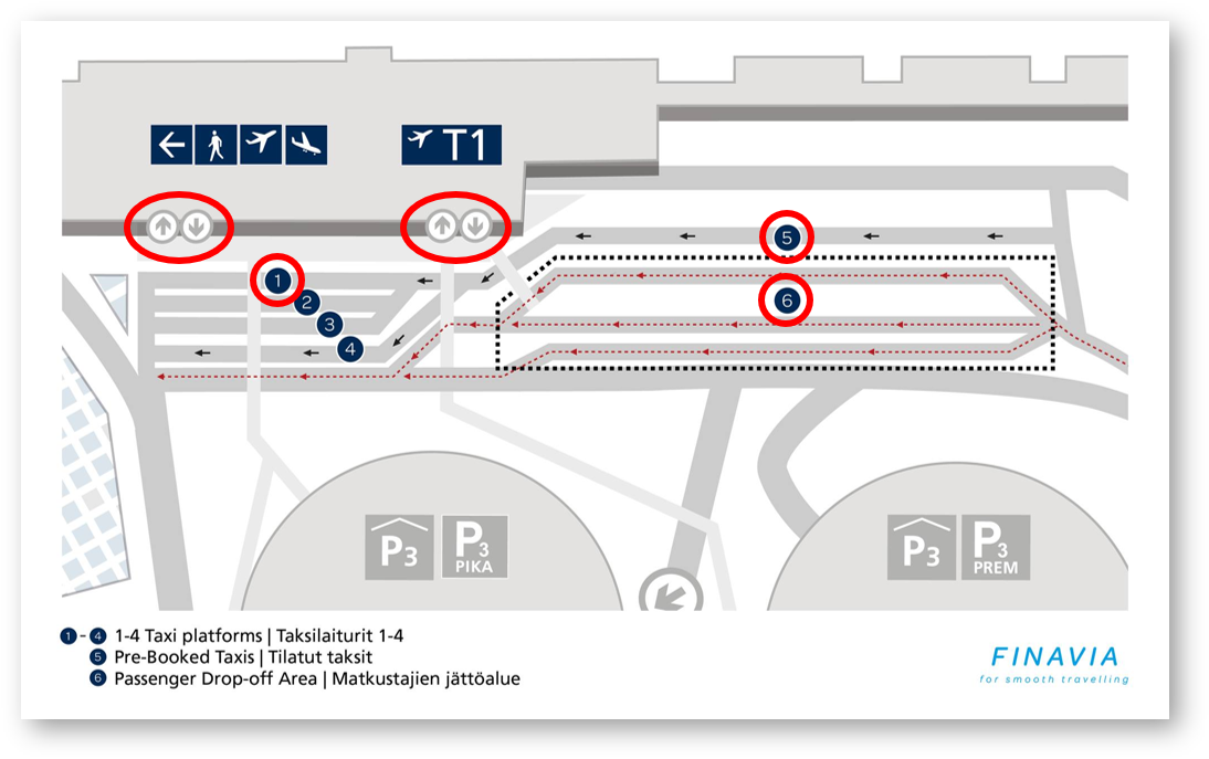 Lentoaseman taksiasemakartta T1-terminaalin edessä